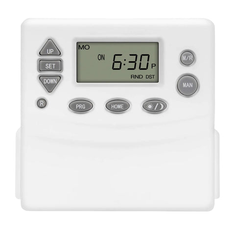 Front view of Heavy Duty Programmable Plug In Digital Astronomic Timer For Lights And Electrical Outlets With Random And Daylight Saving Scheduling Two Pack White showing display and buttons