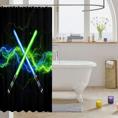 Lightsaber Shower Curtain Neon Glow Lightning Theme For Video Game Fans Kids Teens Waterproof Polyester Curtain 72x72 With 12 Hooks Cool Black Decor Ready installed in bathroom