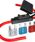 Badass Heavy-Duty Inline Blade Maxi Fuse Holder Kit With Flip-Up Cover Includes 6 AWG Red Wire and Assorted 50A 60A 80A Fuses showing red wire and fuses.