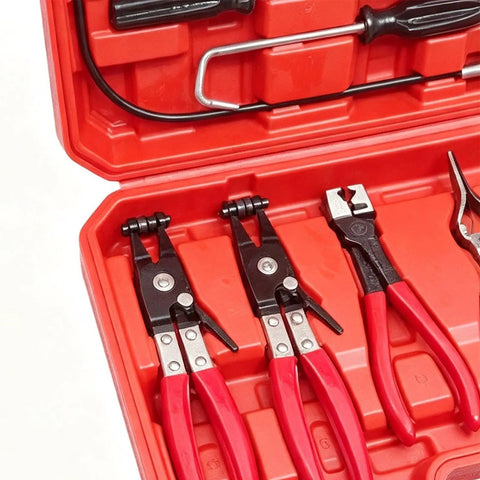Cool Flex Hose Clamp Tool Set With 9 Piece Disconnect Wrench Kit And Multi Angle Pliers For Gripping Spring Clamps Safely Without Damaging Radiator Or Cooling Hoses On Any Car Under The Hood, red case
