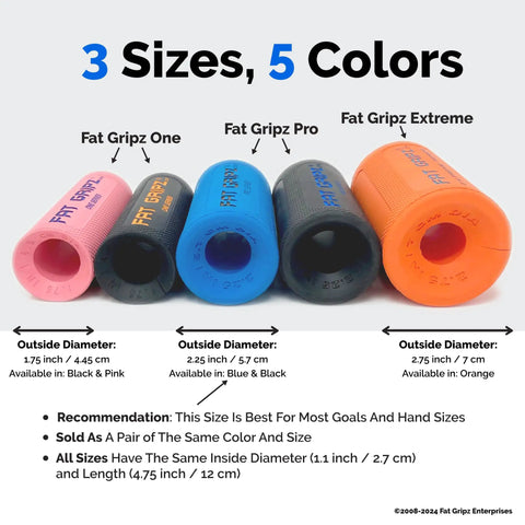 Grip Trainer And Arm Builder With Thick Two And A Quarter Inch Grips For Barbell Dumbbell Handles And Pull Up Bars displayed in 3 sizes