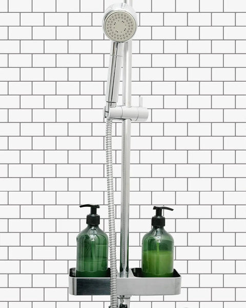 Shower with green bottles in holder against Thicker Version Peel And Stick Subway Tile Backsplash No Brainer DIY 12x12 Inch