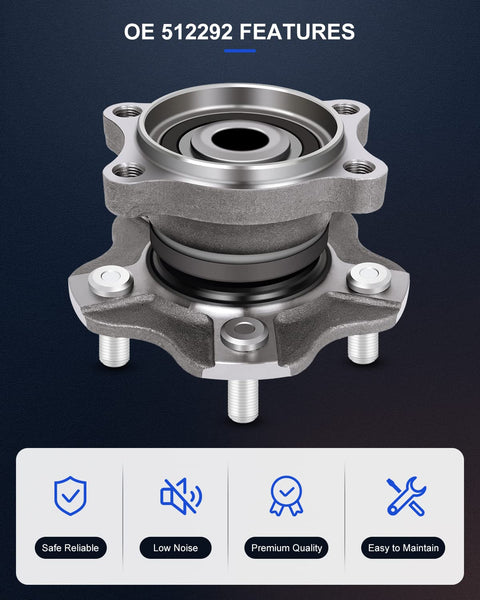 Close-up front view of rear wheel bearing hub assembly set of two for Nissan Altima Maxima Quest 2002 2009 5 lug 4 wheel ABS.