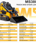 Mini Triangular Track Skid Steer Loader With 23HP Gas Engine And 46 Inch Bucket Stand On Crawler Machine details chart