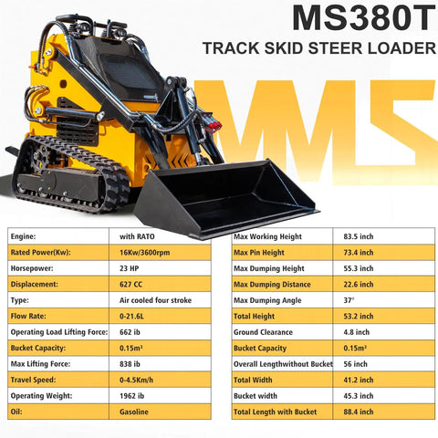 Mini Triangular Track Skid Steer Loader With 23HP Gas Engine And 46 Inch Bucket Stand On Crawler Machine details chart
