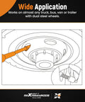 Illustration of Dual Wheel Separator Tool Kit for Truck, Bus, Van, and Trailer in use, highlighting application on steel wheels.