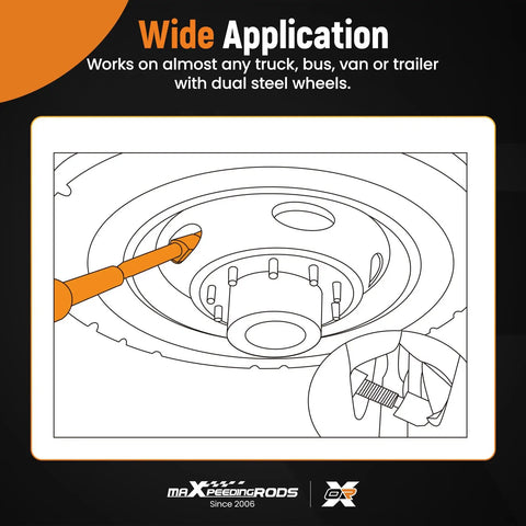 Illustration of Dual Wheel Separator Tool Kit for Truck, Bus, Van, and Trailer in use, highlighting application on steel wheels.