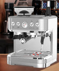 3-In-1 Espresso Machine With Built-In Grinder And Automatic Milk Frother, 20 Bar Pressure with silver finish and control panel.