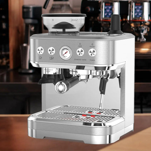 3-In-1 Espresso Machine With Built-In Grinder And Automatic Milk Frother, 20 Bar Pressure with silver finish and control panel.
