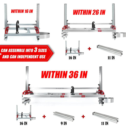 Chainsaw Mill 2.0 Portable Sawmill With Comfort Handle, 3 Adjustable Sizes, Fits 14-36 Inch Planking Bar, shown in various sizes