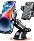 Military Grade Heavy Duty Car Phone Mount With Slam Suction Grip And Patented Safety Lock For Dashboard Windshield Vent supports all modern smartphones, ink black, adjustable angle.