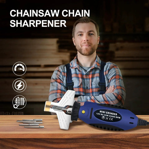 Electric Chainsaw Sharpener Kit Pro Grade Heavy Duty With Adjustable 25 30 35 Degree Angles, shown with grinding stones
