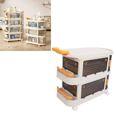 Smooth Rollin Storage Trolley With Four Tier Utility Cart And Covered Plastic Storage Bins in a stylish kitchen setting.