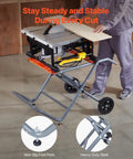 Heavy Duty Portable Table Saw Stand Built Like A Tank With Sweet Rolling Wheels And A Quick Fold Design for stable cutting with non-slip foot pads.