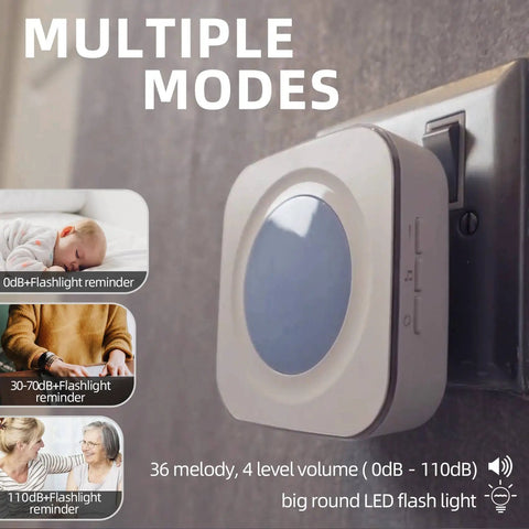 Wireless Doorbell For Home With Hearing Impaired Friendly Design showing 3 receivers with LED flash indicators on wall plug