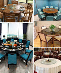 Dining settings featuring Gold Finish 24 To 47 Inch Lazy Susan For Dining Table Swivel Turntable And Service Tray in various setups.