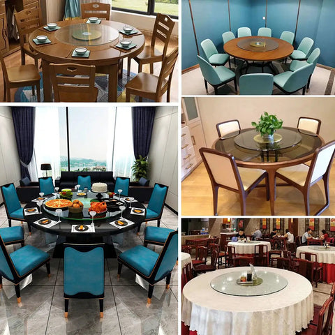 Dining settings featuring Gold Finish 24 To 47 Inch Lazy Susan For Dining Table Swivel Turntable And Service Tray in various setups.