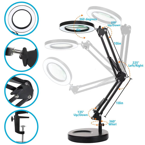 10X Magnifying Glass With Light And Stand, Dimmable LED Desk Lamp With Clamp, 1200 Lumen Bright Magnifier, 3 Color Modes Cool White White Warm Yellow, Swivel Arm For Reading, Crafting And Close Work