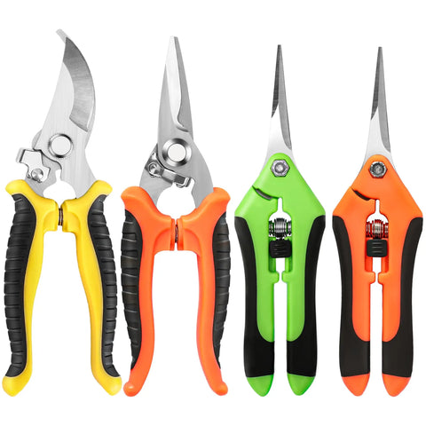 Four Pack Garden Pruning Shears Set With Stainless Steel Blades, Three Blade Types For Flowers, Bonsai And Light Branches