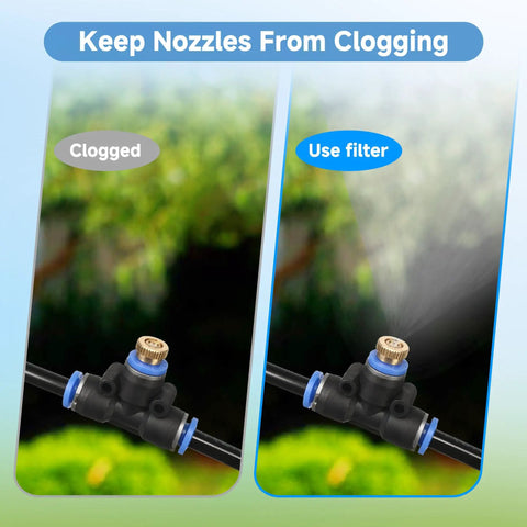 Comparison of clogged nozzles and clear flow using Calcium Inhibitor Filter For Three Quarter Inch Standard Garden Hose And Faucets.