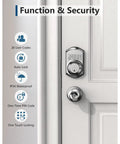 Heavy Duty Keyless Entry Deadbolt With Keypad For Front Door Lock Featuring Hidden Passcode And 20 User Pins In Sleek Satin Nickel Finish close-up of keypad and lock