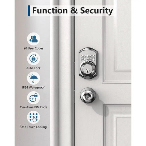 Heavy Duty Keyless Entry Deadbolt With Keypad For Front Door Lock Featuring Hidden Passcode And 20 User Pins In Sleek Satin Nickel Finish close-up of keypad and lock