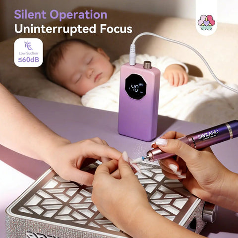 Professional 40,000 RPM Nail Drill for acrylic removal, low noise, gradient purple design, cordless use in a quiet setting
