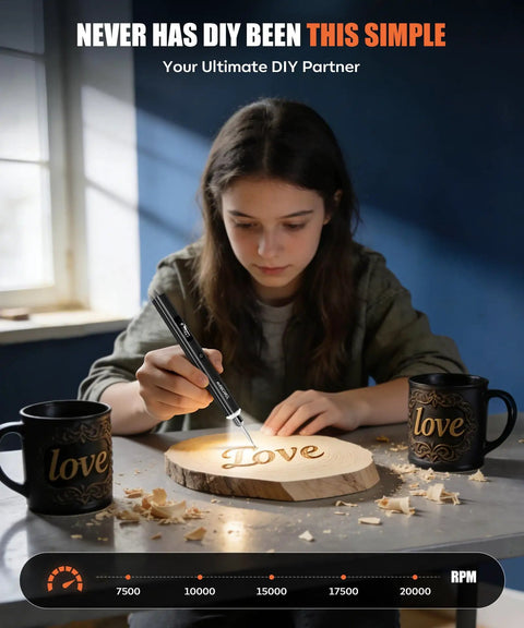 Young girl using Engraving Pen Kit With LED Light And 31 Bits, Cordless Rechargeable Engraver With Five Speeds on wood slice