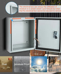 Rugged Heavy Duty Steel Electrical Junction Box For Indoor And Outdoor Use, Wall Mounted All Weather Weatherproof Dustproof Metal Enclosure With Locking Latches And Mounting Plates, shown open with interior view and environmental protections.