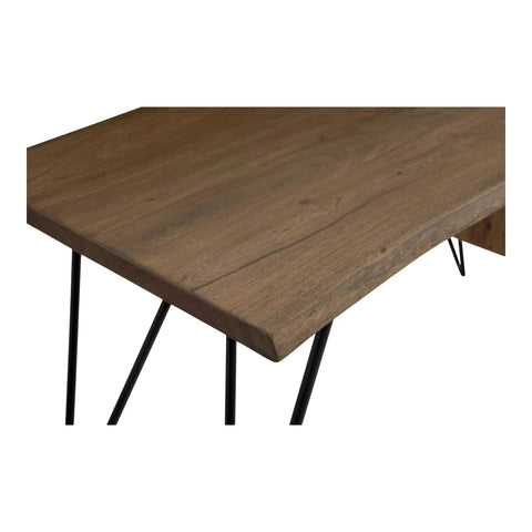 Close-up of Top Shelf Solid Acacia Standing Desk With Smart Storage For Home Office Or Craft Corner featuring solid wood top and iron hairpin legs.