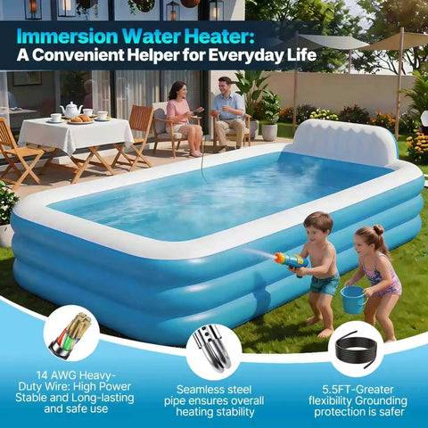 Heavy Duty 2000W Portable Water Heater Rapid Immersion Stick for Buckets and Tubs, shown in inflatable pool with kids.