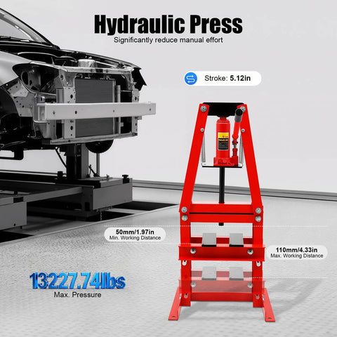 Rock Solid 6 Ton Hydraulic Press Built Tough For Bearing Bushing Swaps And Real Shop Work With Adjustable Carbon Steel Frame in red.