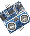Five Piece Ultrasonic Sensor Blocks Kit With Three Mounting Brackets For DIY Robot Nerds And Raspberry Pi Arduino Mega Duemilanove Projects, Distance Sensor Ranging 2cm To 450cm, 0.3cm Resolution, Broad Compatibility For Mech Builds showing electronic circuit and sensors.