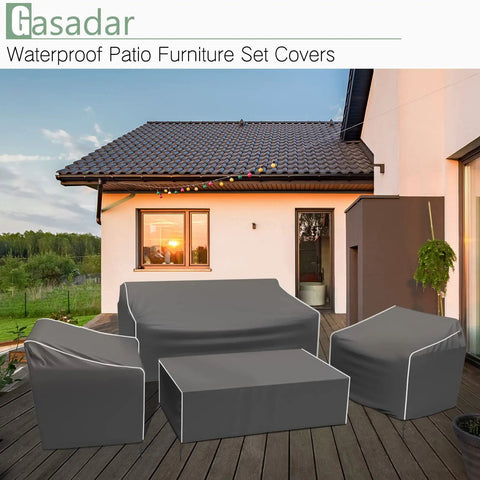 Heavy Duty 500D Waterproof Outdoor Furniture Cover Set For Patio Loveseat Armchair And Coffee Table Grey on deck