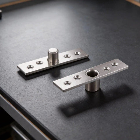 2 Pack 360 Degree Stainless Steel Pivot Hinges for Doors and Cabinets Upper and Lower Swivel Ball Bearing Hardware Kit Rust Resistant Silver Finish for Wooden Doors and Cabinets displayed on dark surface