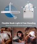 Clip On Book Light With USB Rechargeable Power, Eye Friendly White LED Reading Lamp angles and use cases shown in photos