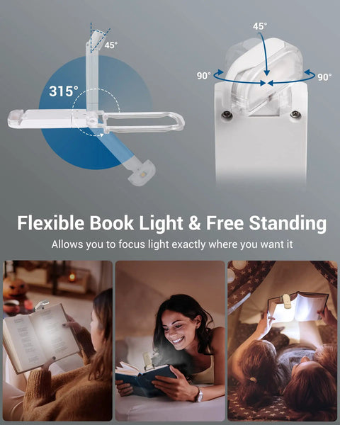 Clip On Book Light With USB Rechargeable Power, Eye Friendly White LED Reading Lamp angles and use cases shown in photos