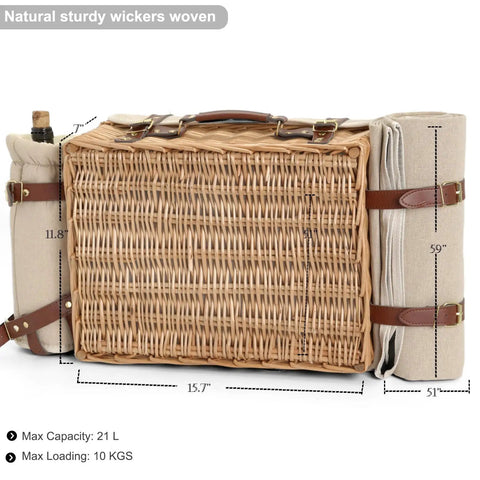 Wicker Picnic Basket Set For Two With Insulated Cooler, detachable table lid, blanket, and full tableware visible from side.