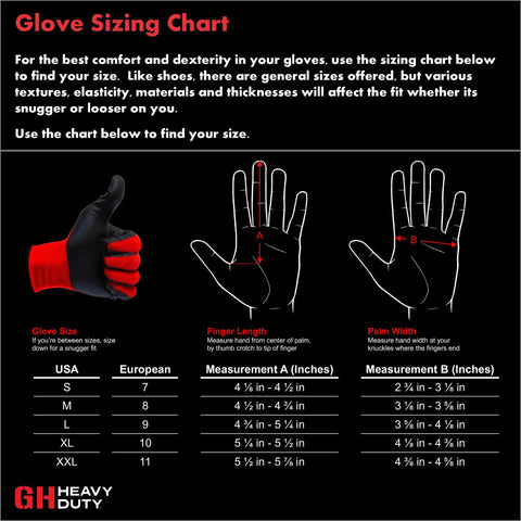 Glove sizing chart for Heavy Duty Nitrile Reusable Work Gloves For All Purpose Hand Protection With Cut Resistant Palm Ideal For Auto Repair Painting Plumbing Cleaning Salons Household Tasks Latex Free 15 Pack Large Grip Ready.