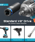 Heavy Duty Half Inch Deep Impact Socket Set With Magnetic Rail, 11 Piece Metric 10 To 24 Mm, shown with impact wrench
