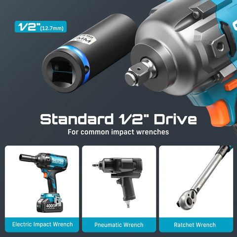 Heavy Duty Half Inch Deep Impact Socket Set With Magnetic Rail, 11 Piece Metric 10 To 24 Mm, shown with impact wrench