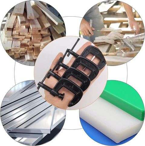 Heavy Duty 1 Inch C Clamp Set Cast Iron Built Tough With 0.8 Inch Throat And Rust Resistant Finish Two Pack For Woodworking Welding Metal Fabrication And Building Projects, shown with wood, metal, and plastic materials.