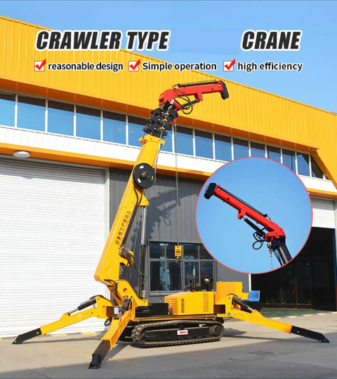 Mini Portable Crawler Crane Rig With Smart Wireless Remote Hydraulic Lift Machine Fully Kitted Out, showing adjustable red boom and yellow base.