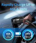 Top Shelf J1772 To Tesla Charging Adapter Up To 80A Fast Electric Connector plugged into EV charger showing 60A and 250V.