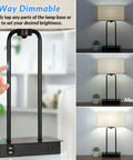 Collage showing 20 Inch High 3 Way Dimmable Touch Lamp Set Of 2 With USB Ports And AC Outlet, featuring touch control and brightness settings.