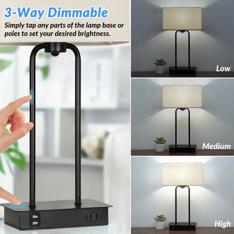 Collage showing 20 Inch High 3 Way Dimmable Touch Lamp Set Of 2 With USB Ports And AC Outlet, featuring touch control and brightness settings.