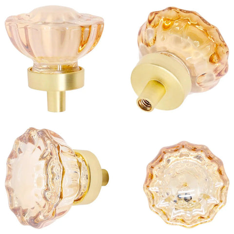 Crystal Glass Cabinet Knobs 10 Pack, 1.4 Inch Diameter With Brushed Gold Base, champagne crystal drawer knobs, flower design