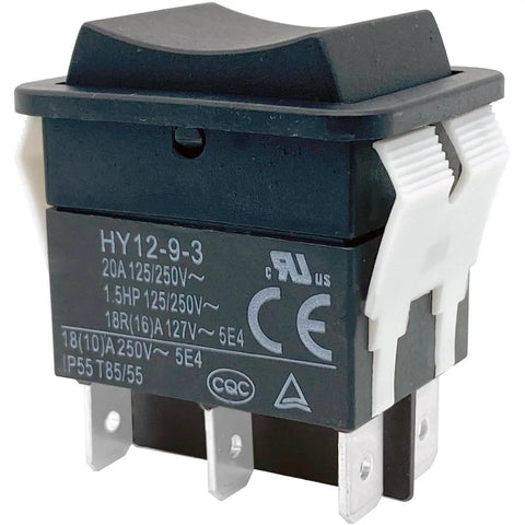 Close-up of a Beefy Rocker Switch 6 Pin DPDT ON Off On Momentary 20A 125 or 250V IP55 Waterproof with labeling visible.