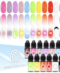 Airbrush Gel Polish Kit With 12 Colors, HEMA Free For Ombre Nails; nail samples and gel bottles shown.