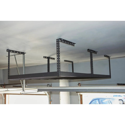 Overhead Garage Storage Rack With Oversized 8 Foot By 4 Foot Platform And Adjustable Height From 23 To 37 Inches For Heavy Duty Garage Organization And 750 Pound Weight Capacity Keeps Your Floor Clear installed on ceiling.